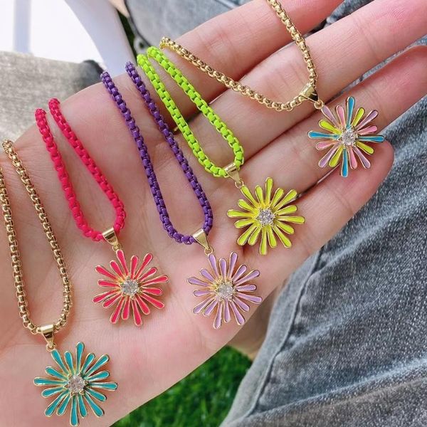 

pendant necklaces 5pcs, dainty lovely gold plated colorful enamel necklace flower charm for women fashion jewelry, Silver