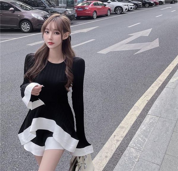 

flare sleeve women's clothing knitted dress fashion brand ladies black two pieces female korean clothes spring autumn dresses casual, Black;gray