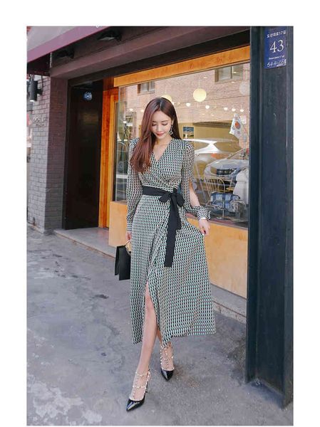 

casual dresses women v-neck long sleeves lace-up pleated high-waisted female spring vintage 2ovs, Black;gray