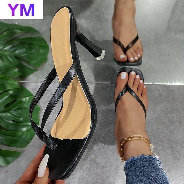 

sandals style 2021 summer square toe stiletto women feminine thin strap women's flip flops zapatos de mujer plataforma 36-43, Black