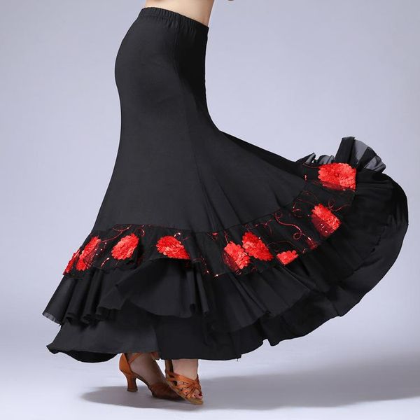 

stage wear ballroom skirt print flamenco waltz practice dress long dance rumba, Black;red