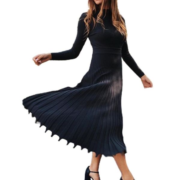 

women autumn long sleeve ribbed knit midi sweater dress mock neck slim fit pleated flare empire waist solid color casual dresses, Black;gray