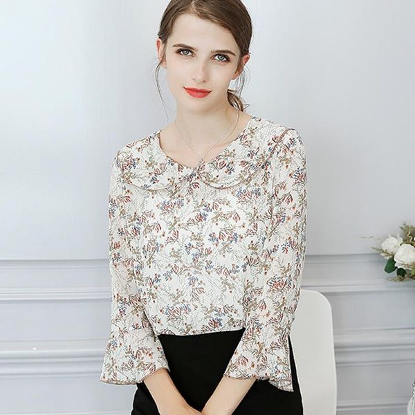 

women's blouses & shirts thin spring summer chiffon shirt women fashionable leisure seven quarter sleeve wear blouse female printed kor, White