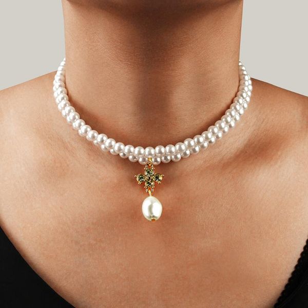 

pendant necklaces fashion pearl necklace women cross border accessories with diamond double layer, Silver