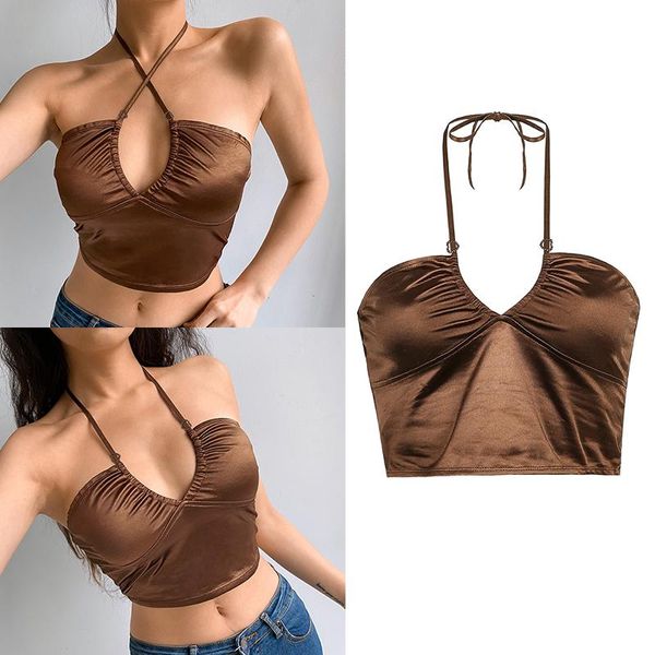 

women's tanks & camis 2021 strappy brown y2k halter crop women summer vintage backless cami tees ladies fashion fitness camiso, White