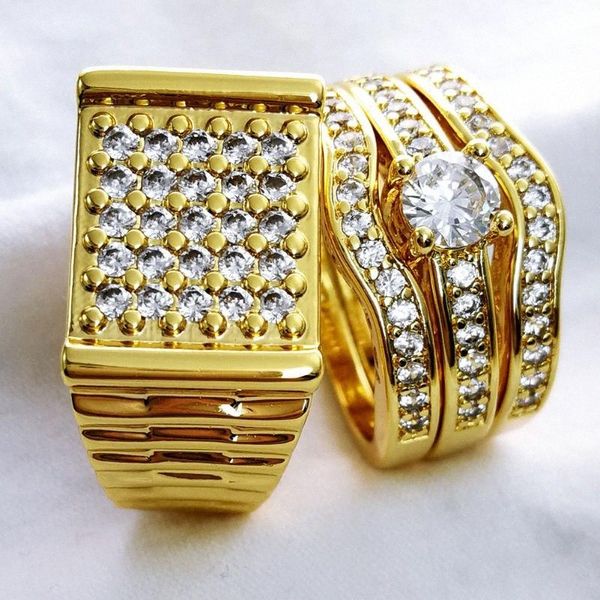 

golden filled white zircon rings set men hip hop iced out rings bridal wedding ring set hip hop jewelry accessories p2dp#, Slivery;golden
