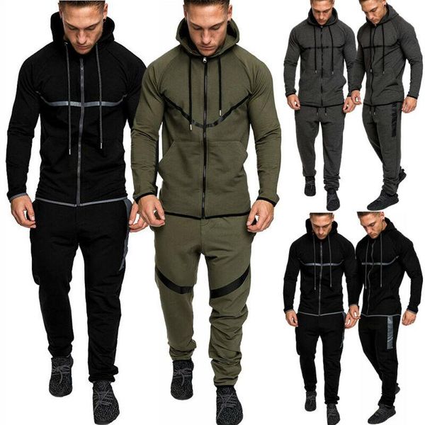 

gym clothing men tracksuit set fleece zip hoodie bottoms trackies jogging sportswear, White;black