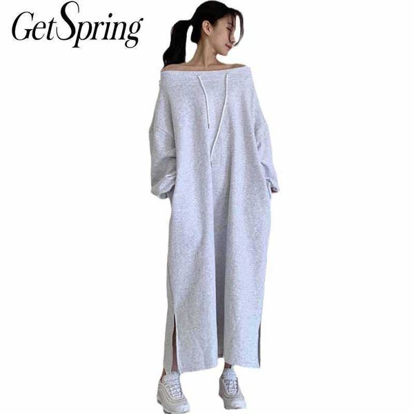 

getspring women dress temperament hoodie slash neck off shoulder long es loose casual ladies es spring 210601, Black;gray