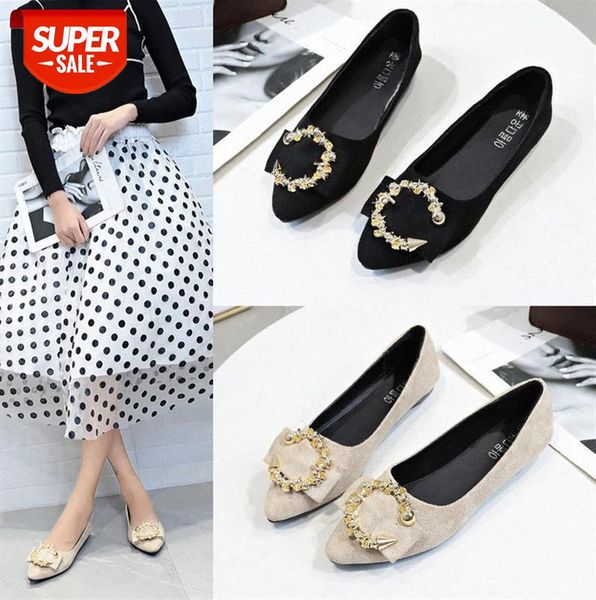 

single shoes women casual pointed toe metal decoration low heel simple suede flat lazy #av7t, Black