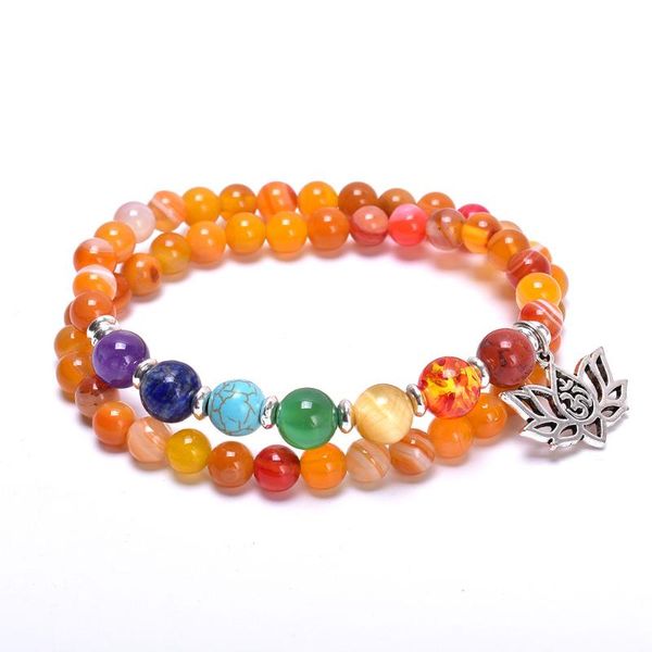 

beaded, strands orange onyx and lotus om charm pendant bracelet with natural stone beads stretch chakra women boho jewelry gift, Black