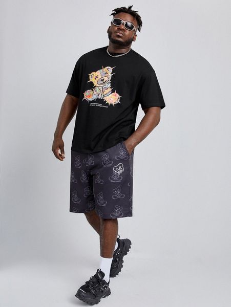 

extended sizes men slogan and bear print tee & shorts a8ug#, Gray