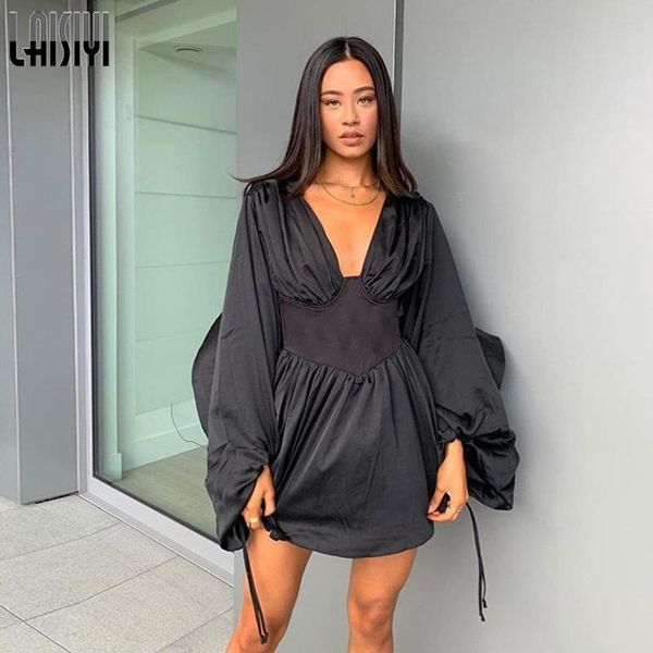 

autumn fashion low chest black women mini dress 2021 elegant office lady party vacation beach female casual dresses, Black;gray