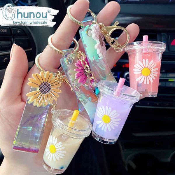 

11styles cute acrylic colorful flowers car keychain keyring moving liquid oil drop decompression keyfob jewelry whole, Slivery;golden