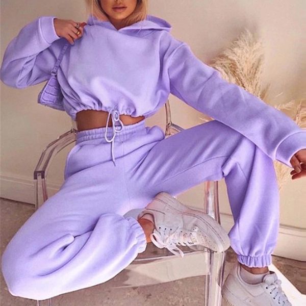

lucyever two piece sets women casual hooded sweatshirts and loose pants woman solid color sports sets autumn winter tracksuits 210521, White