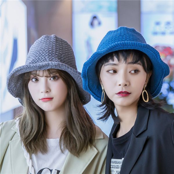 

knitting fisherman's hat women's pure color stripe autumn and winter round face suitable wool hat winter versatile fashion