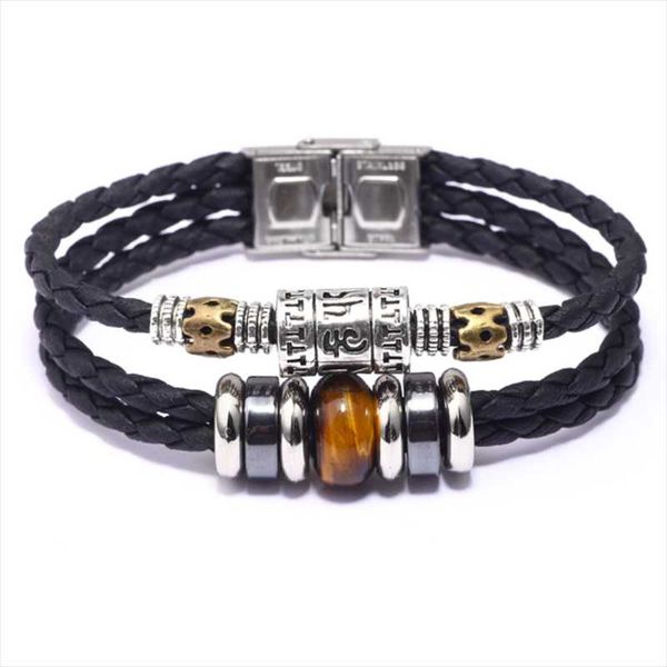 

bangle woven leather bracelet with tiger's eye bead for men fashion natural stone stainless steel turquoise accessories, Black