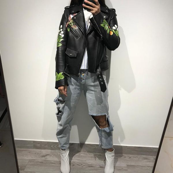 

women's leather & faux lady printed real jacket women genuine, Black