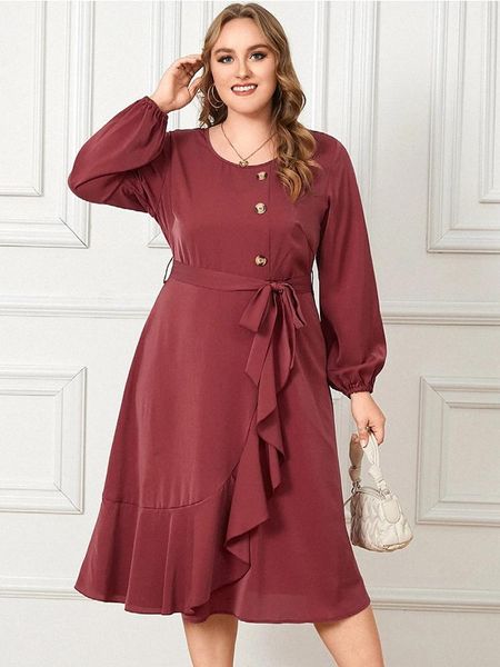 

plus size dresses 2021 spring autumn casual dress women long sleeve buttons ruffles beach solid clothing, Black