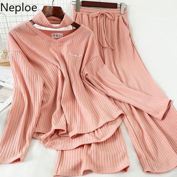 

two piece dress neploe 2 pieces set women spring 2021 solid o neck long sleeve ladies shirts+high waist wide leg pants fashion suits 1a389, White