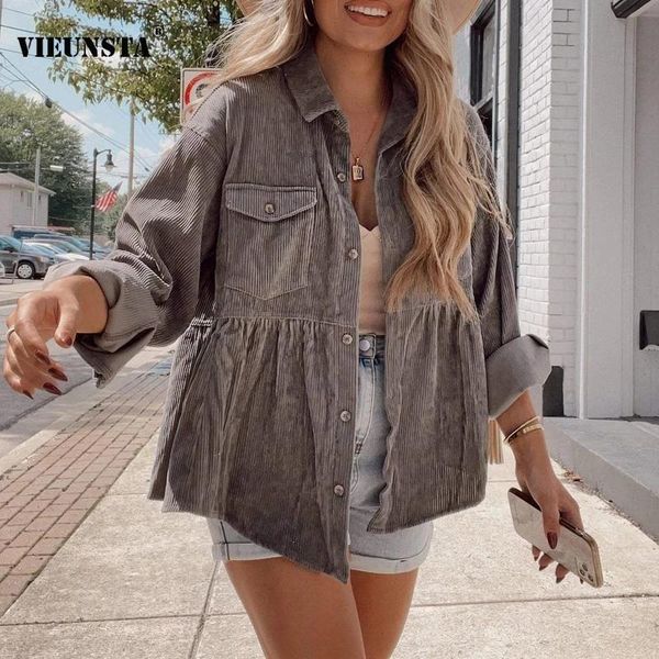 

women's jackets autumn spring long sleeve pocket outerwear women turn-down collar jacket single breasted button ribb corduroy coat, Black;brown