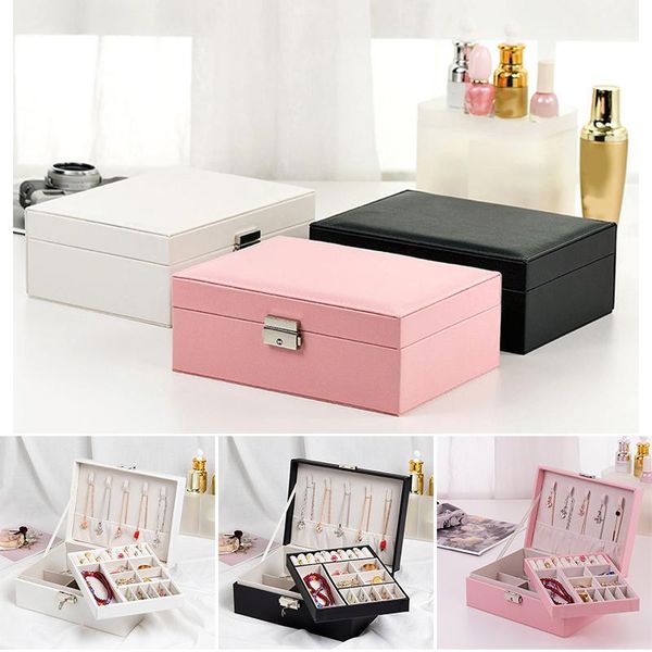 

storage boxes & bins women's jewellery box double layer with key pu leather container for rings earrings necklace bracelet hairpin xqmg