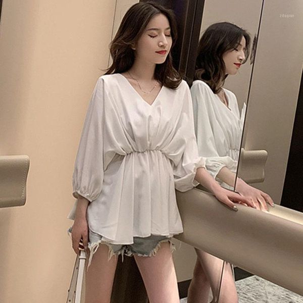 

women elegant v-neck bloues lantern sleeve elastic waist office lady solid color female chiffon blouses blusa 2021 women's & shirts, White