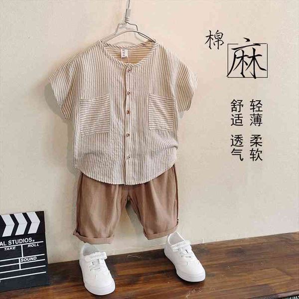 

childrens clothing boys cotton and linen suit summer clothes childrens western style two-piece striped baby summer, White