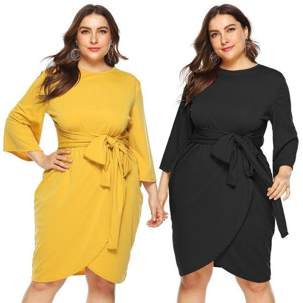 

women plus size flare 3/4 sleeves o-neck slim midi dress irregular cross wrap front bandage tie empire waist party clubwear l-4 casual dress, Black;gray