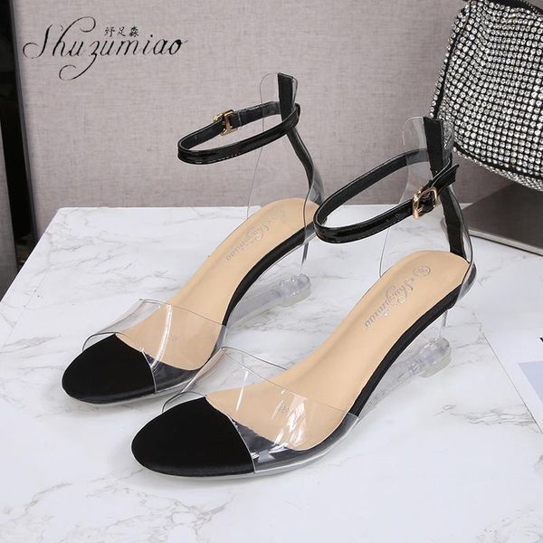 

dress shoes shuzumiao summer women sandals 2021 fashion high heel wedges pvc transparent woman casual buckle strap, Black