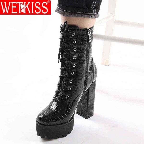 

wetkiss women' ankle zipper boots fashion style women autumn winter platform boots ladies chunky high heels shoes black 210630