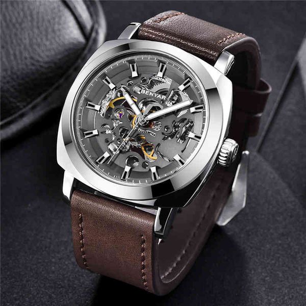 

nieuwe relogio masculino mannen benayr horloge skeleton automatische mechanische mannelijke klok merk luxe sport militaire mens, Slivery;brown