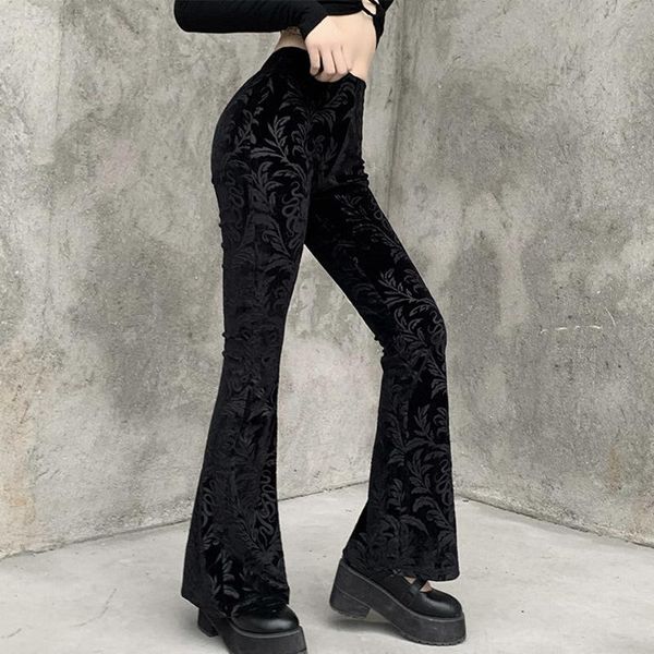 

women's pants & capris retro gothic print black goth harajuku high waist flared women street punk trousers velvet, Black;white