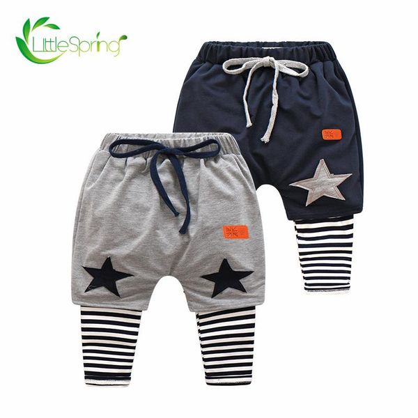

trousers littlespring little boys harem pants five-pointed star patchwork stripe for kids elastic waist lace children clothing, Blue