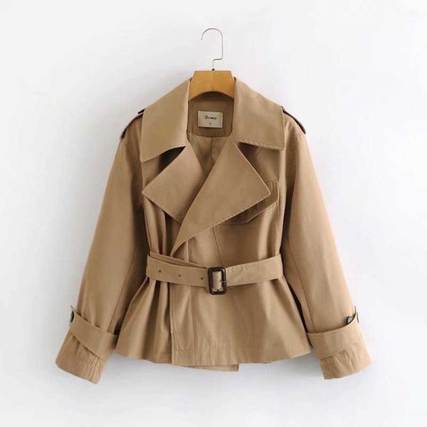 

spring loose waist short windbreaker women trench coat retro khaki outwear for female belt 210607, Tan;black