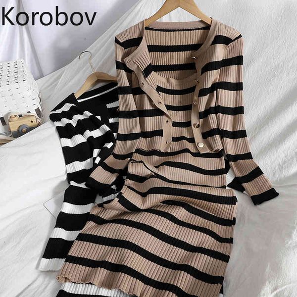 

korobov korean sweet hit color patchwork striped spaghetti strap dress and v neck long sleeve cardigans 2 pieces sets 210430, White