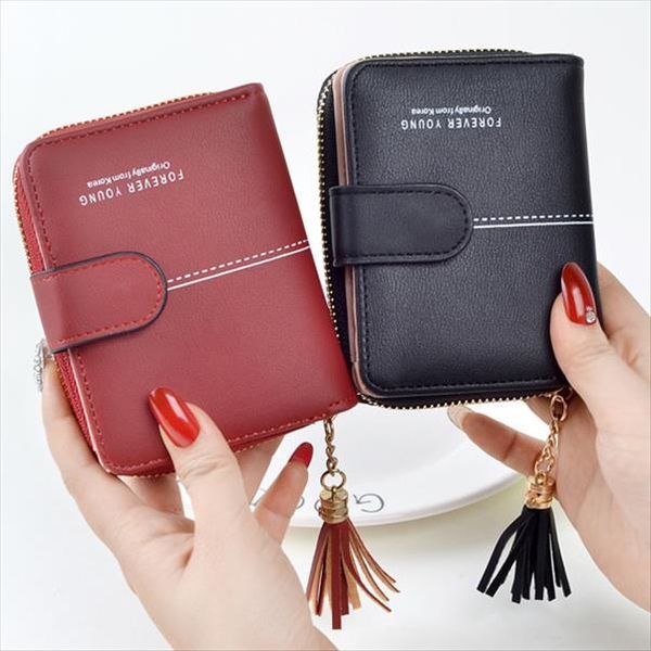

women wallets girls short lady zipper hasp coin purse tassel woman clutch purses cards wallet billfold burse bags pocket, Red;black