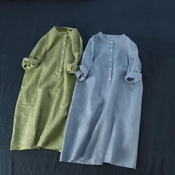 

casual dresses 2021 summer women loose plus size brief japanese style comfortable 9*9 water washed linen shirt, Black;gray