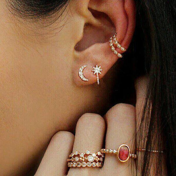 

earrings & necklace 8pcs retro exaggerated carved moon stars c ear clip red stone rings set eight-piece combination women jewelry, Silver