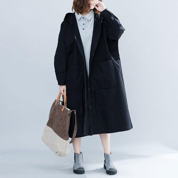 

women's trench coats [ewq] 2021 spring autumn hooded single breasted pocket wide batwing sleeves loose big jacket female windbreaker wk, Tan;black
