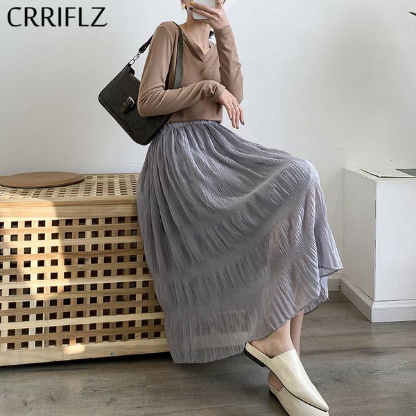 

summer chiffon mesh pleated skirt women solid casual high waist crriflz 210520, Black