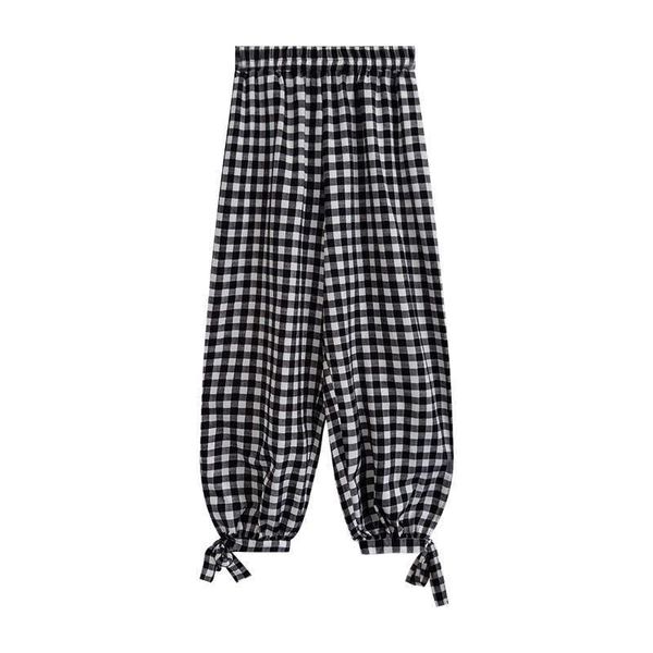 

perhaps u women elastic waist pocket casual ankle-length pockets loose plaid pants lace up p0034 210529, Black;white
