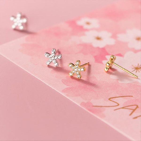 

mini small five petal flower stud earrings for women genuine 100% 925 sterling silver party jewelry accessories, Golden;silver