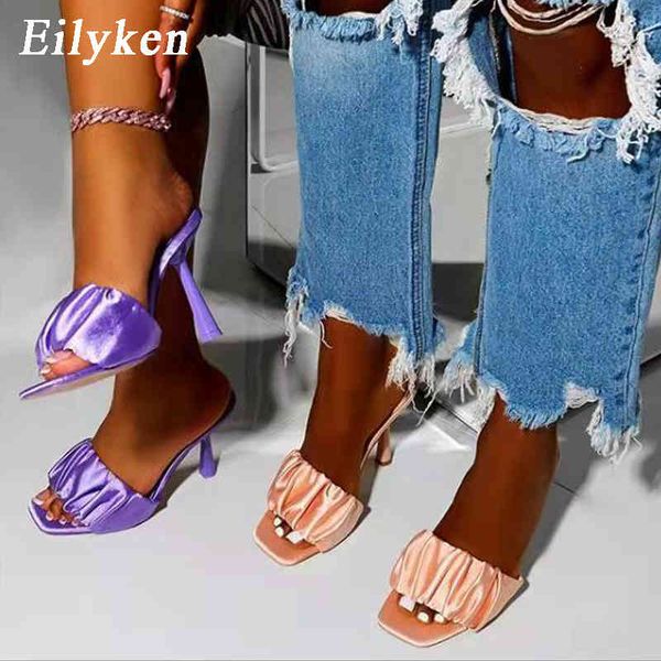 

eilyken fashion pleated women slippers square open toe slippers slip on slides summers beach shoes black purple champagne c0410