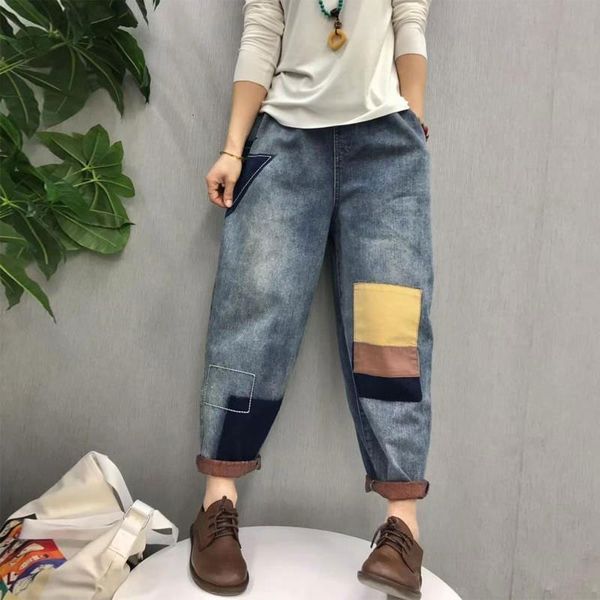

women's jeans arrival 2021 spring arts style women elastic waist casual cotton denim harem pants patchwork vintage loose v289 xin4, Blue