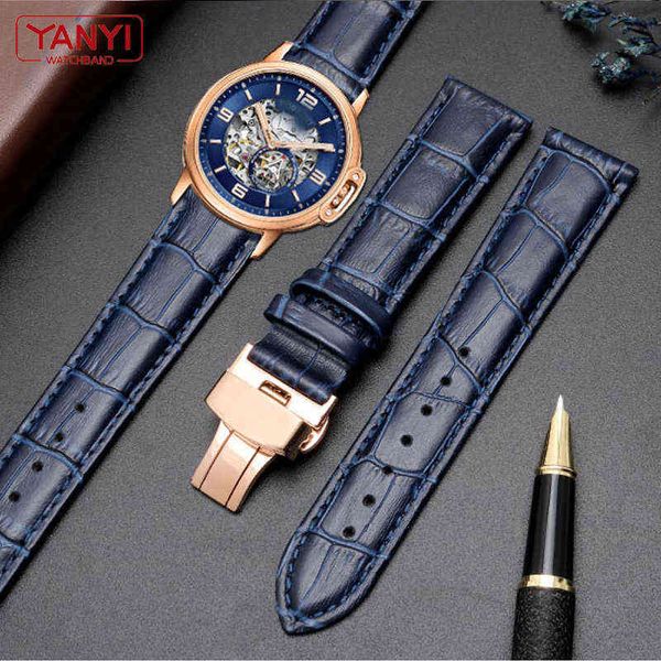 

genuine leather bracelet dark blue color watch strap butterfly clasp watchband sized in 16mm 18mm 20mm 21 22mm 23mm watch band h0915, Silver