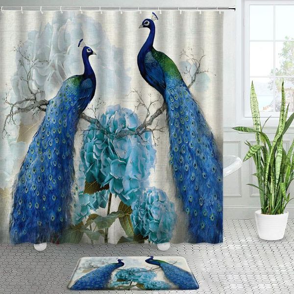 

shower curtains retro flowers blue peacocks curtain bath mats set chinese style birds modern home door mat non-slip carpet bathroom decor