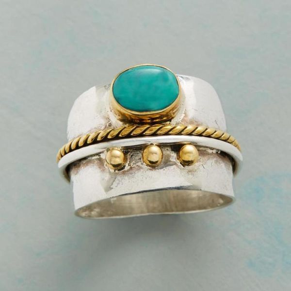 

cluster rings bohemia natural turquoises stone for women vintage antique silver two-color metal twist rope finger party jewelry, Golden;silver