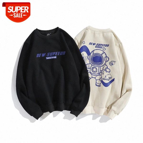 

men's autumn and winter tide high street astronaut print loose round neck casual plus velvet sweater men #f90w, Black