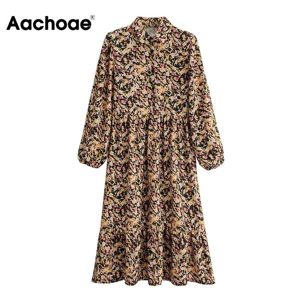 

casual dresses aachoae lady autumn spring floral pleated dress lantern long sleeve elegant shirt woman boho print midi vestidos, Black;gray