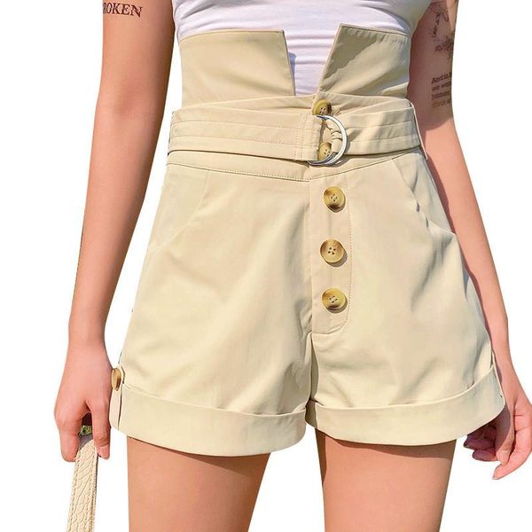 

women's shorts women summer short pants with pockets solid color high-waist button-open roll-up hem casual belt for girls clothing, White;black